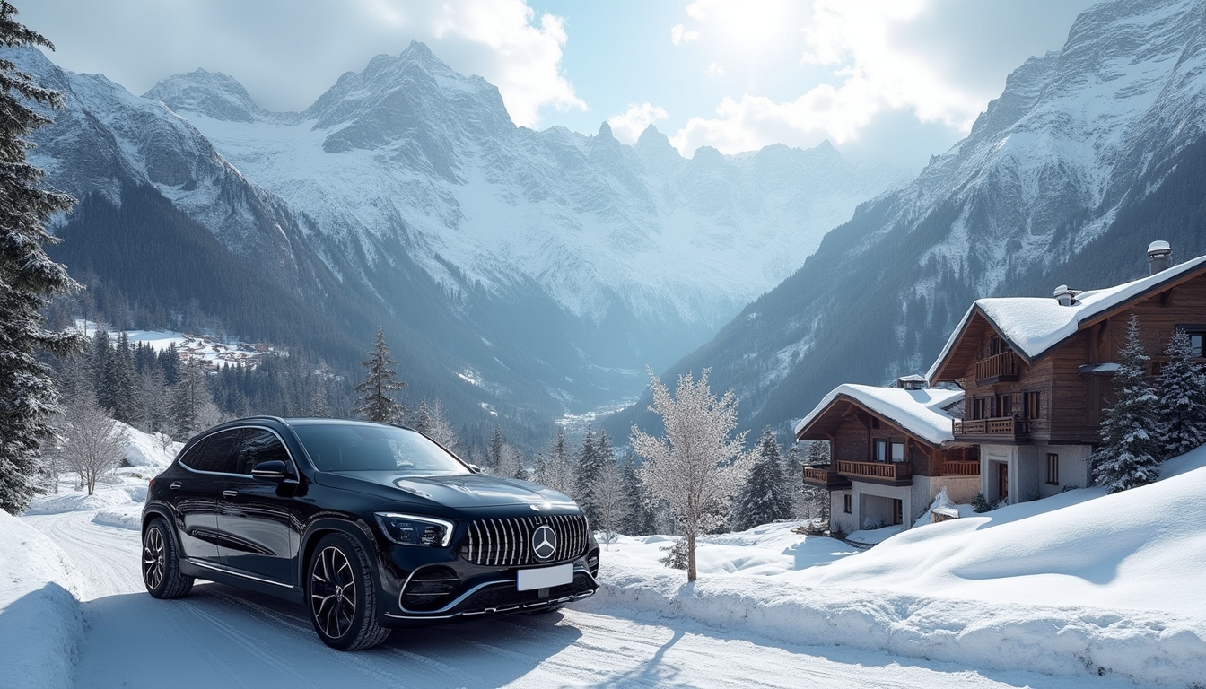 Elegant Swiss mountain scene featuring snow-capped peaks and a serene alpine village with traditional chalets. A black 2024 Mercedes EQS is parked nearby, enhancing the upscale atmosphere. This picturesque composition captures the tranquility and sophistication of Swiss mountain getaways.