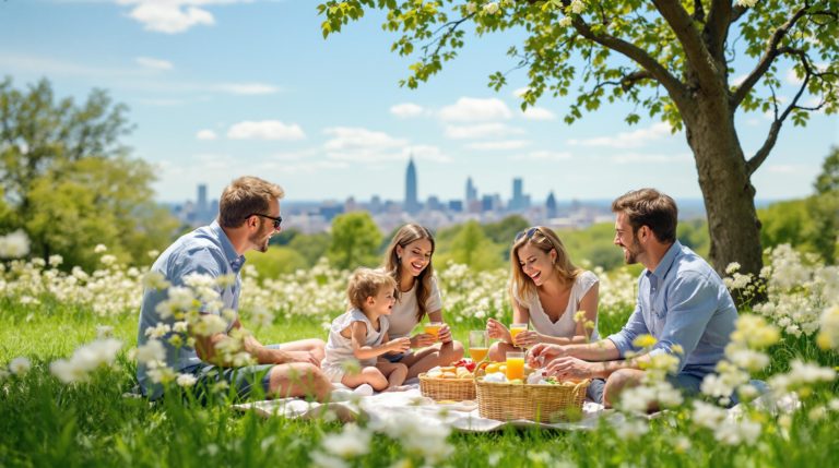 A joyful family having a picnic on soft green grass in a lush park in Geneva, surrounded by blooming flowers. They are laughing together under warm light blue and cream tones, with a scenic view of Geneva's cityscape in the background. This image captures