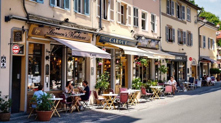 A quaint street in the Carouge neighborhood of Geneva, featuring charming cafés with pastel façades. People enjoy coffee outside amidst quaint shops and picturesque architecture, all illuminated by natural daylight, capturing the authentic spirit of the area. Ideal for exploring carou