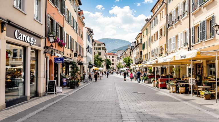 Authentic street view of Carouge in Geneva, showcasing picturesque streets lined with local shops and bustling carouge markets. The image features earthy tones and pastel façades, highlighting the unique architecture and lively atmosphere of the neighborhood.