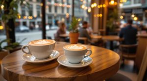 A lively yet refined café scene in Geneva, featuring cozy interior spaces with warm ambient lighting and natural wood elements. The image showcases beautifully presented specialty coffee drinks with intricate latte art. Outside, an elegant terrace café is filled with patrons enjoying their beverages in an
