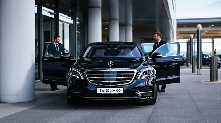 A sleek black 2024 Mercedes S-Class parked at the Geneva airport terminal, showcasing the 'SWISS LIM CO' white license plate. A professional chauffeur stands by the open door, with cool sophisticated tones of midnight blue and polished black in the backdrop