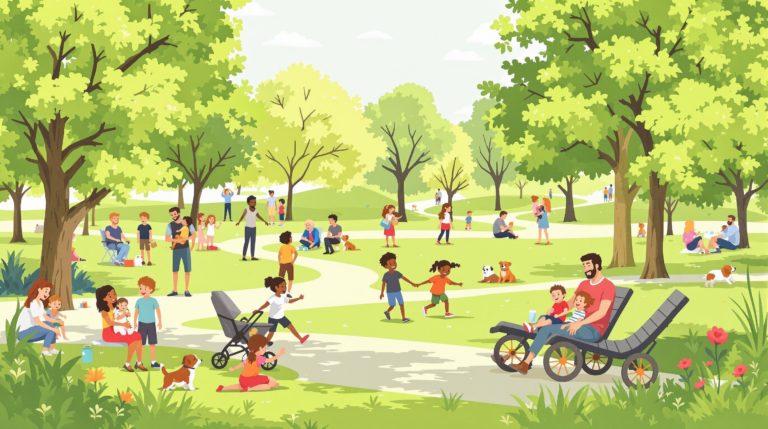 A warm park scene in Geneva with diverse families enjoying a sunny day. Children play while parents relax with pets amidst gentle green trees and lush grass. Stroller paths wind through the area, creating an inclusive atmosphere where everyone is smiling and engaging in activities,