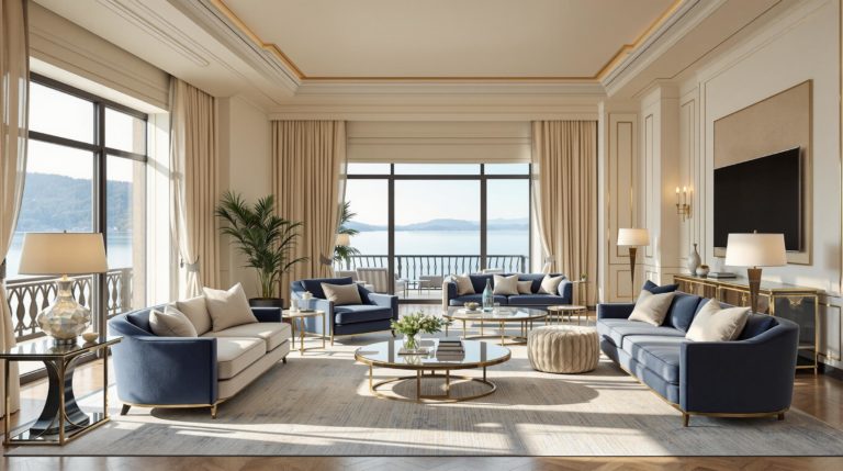 Luxurious hotel interior featuring a panoramic lakefront room with cream walls, navy furnishings, and soft gold accents. The bright, wide composition highlights plush seating areas and elegant decor, offering stunning views of the lake. This setting embodies comfort and prestige, representing