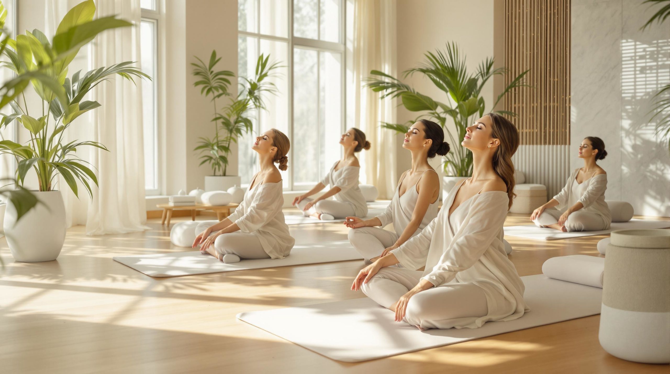 A serene luxury spa hammam scene featuring sophisticated individuals practicing gentle yoga poses on natural wood flooring. The decor is in soft pastel and neutral shades of beige, white, and sage green. Natural light streams through large windows, enhancing the calm atmosphere, while