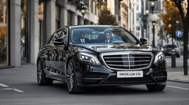 A black 2024 Mercedes S-Class is driven by a suited chauffeur through an urban background in Geneva, showcasing a professional and refined atmosphere. The 'SWISS LIM CO' is clearly visible on the white license plate, highlighting the essence of private transportation