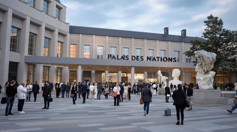 A serene gathering outside the Palais des Nations in Geneva for a contemporary science exhibition. The scene features a blend of modern and historical architecture, with neutral tones and artistic outdoor sculptures. Visitors in stylish casual outfits engage in discussions, contributing to a calm atmosphere that