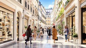 A luxurious shopping scene in Geneva with stylish women browsing upscale boutiques. The bright atmosphere features elegant storefronts in soft pastel colors, with contrasting stylish beige, black, and white details. Women carry distinctive shopping bags and wear fashionable attire and accessories, reflecting the