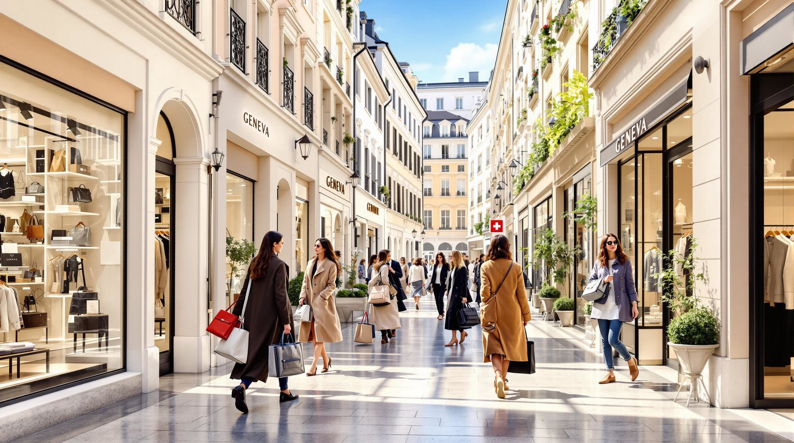 A luxurious shopping scene in Geneva with stylish women browsing upscale boutiques. The bright atmosphere features elegant storefronts in soft pastel colors, with contrasting stylish beige, black, and white details. Women carry distinctive shopping bags and wear fashionable attire and accessories, reflecting the