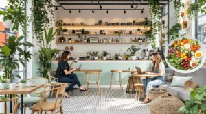 A trendy vegan café in Geneva features a clean, minimalistic design with fresh mint, light grey, and white accents. Young professionals are seen working on laptops and enjoying coffee amidst natural wooden furniture and indoor plants. Stylish plates of vibrant plant-based dishes are