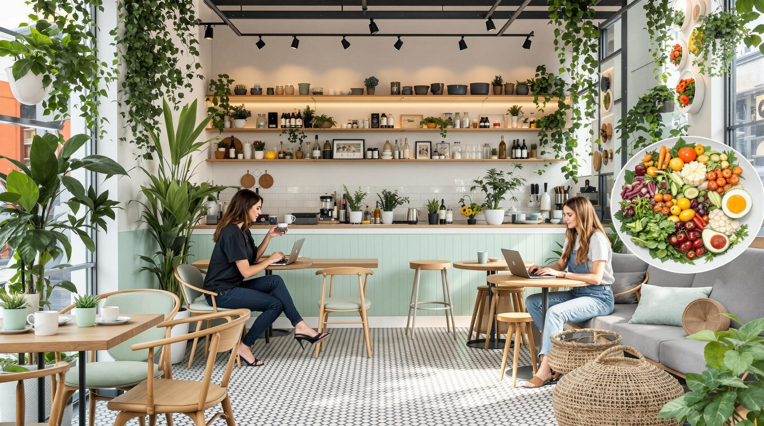 A trendy vegan café in Geneva features a clean, minimalistic design with fresh mint, light grey, and white accents. Young professionals are seen working on laptops and enjoying coffee amidst natural wooden furniture and indoor plants. Stylish plates of vibrant plant-based dishes are