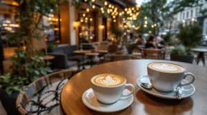 A cozy cafe work-friendly scene in an elegant Geneva café featuring warm lighting, natural wood elements, and a terrace. The image showcases a luxurious cup of specialty coffee with intricate latte art, surrounded by chic urban décor, creating a refined yet inviting atmosphere for