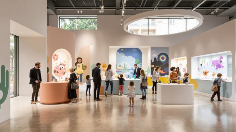 Families interact with vibrant exhibits in a children's museum in Geneva, where stylishly dressed parents observe. The contemporary architecture features large windows and playful artwork, creating a calm atmosphere filled with natural light. Children explore hands-on activities amidst neutral tones, enjoying a sense
