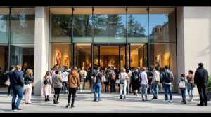 A diverse group of stylishly dressed visitors engages with the vibrant atmosphere outside a modern art museum in Geneva, set against the backdrop of contemporary architecture and artistic installations, creating a calm and inspirational scene.