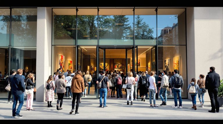 A diverse group of stylishly dressed visitors engages with the vibrant atmosphere outside a modern art museum in Geneva, set against the backdrop of contemporary architecture and artistic installations, creating a calm and inspirational scene.