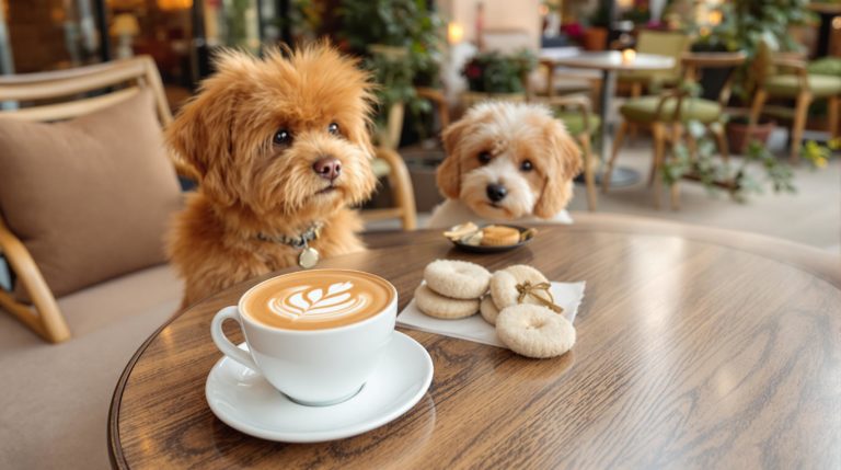 A warm and inviting pet-friendly cozy café in Geneva features elegant yet casual interiors with natural wood and golden tones. The terrace is adorned with stylish furnishings where patrons enjoy specialty coffee, showcasing beautifully presented drinks and intricate latte art. The scene captures an urban chic