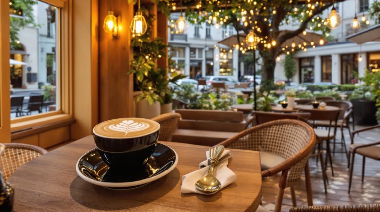 Interior of a cozy café in Geneva featuring natural wood furnishings and warm golden lighting. The scene highlights elegantly presented specialty coffee drinks with intricate latte art on a chic terrace setup. This inviting atmosphere is perfect for remote work, appealing to high-end travelers and locals