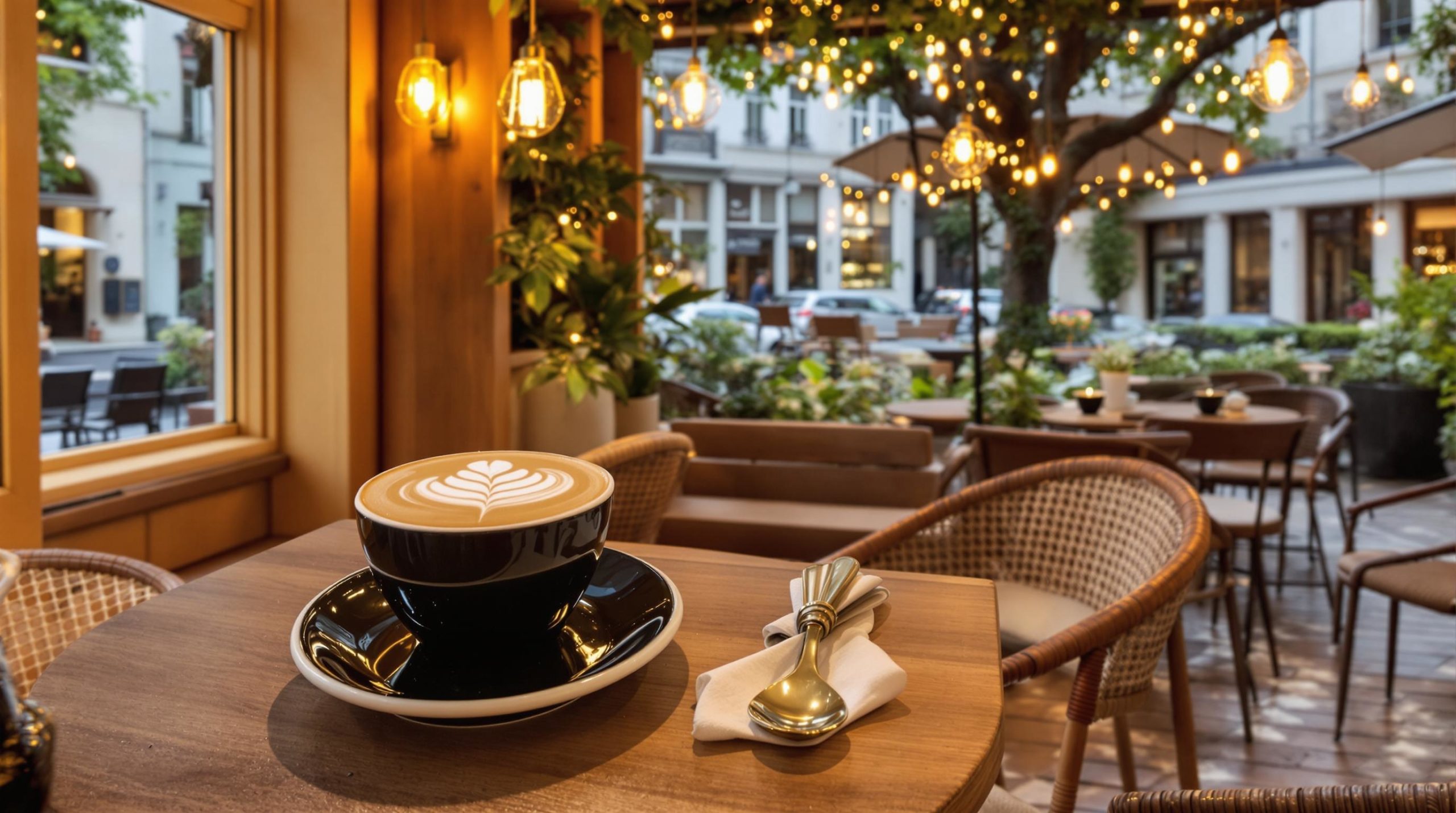 Interior of a cozy café in Geneva featuring natural wood furnishings and warm golden lighting. The scene highlights elegantly presented specialty coffee drinks with intricate latte art on a chic terrace setup. This inviting atmosphere is perfect for remote work, appealing to high-end travelers and locals