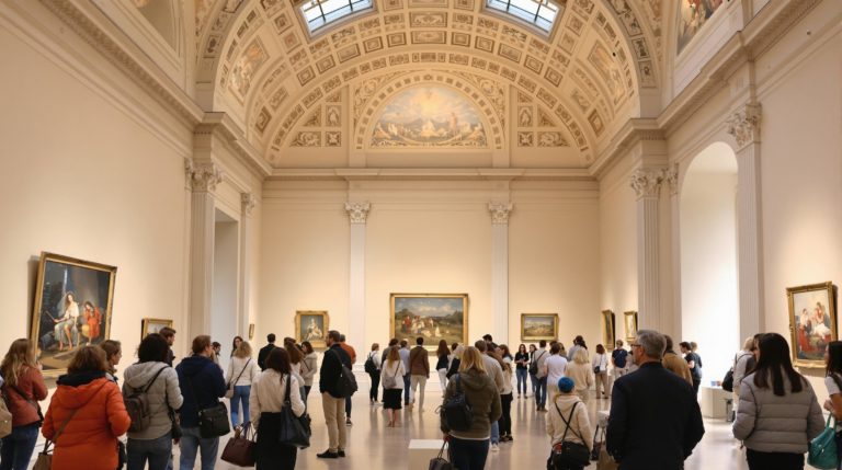 Visitors in stylish casual outfits explore an exhibition at the Museum of Art and History in Geneva. The serene space features elegant architecture in neutral tones, with natural light highlighting captivating displays, creating an atmosphere of calm sophistication. This scene reflects the cultural inspiration found in