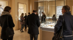 Visitors dressed in stylish casual outfits admire exquisite timepieces at the Patek Philippe Museum in Geneva. The elegant interior features warm neutral tones and soft ambient lighting, highlighting the intricate craftsmanship of the exhibits, creating a calm atmosphere for cultural exploration in international museums Geneva
