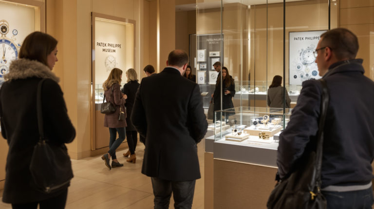 Visitors dressed in stylish casual outfits admire exquisite timepieces at the Patek Philippe Museum in Geneva. The elegant interior features warm neutral tones and soft ambient lighting, highlighting the intricate craftsmanship of the exhibits, creating a calm atmosphere for cultural exploration in international museums Geneva