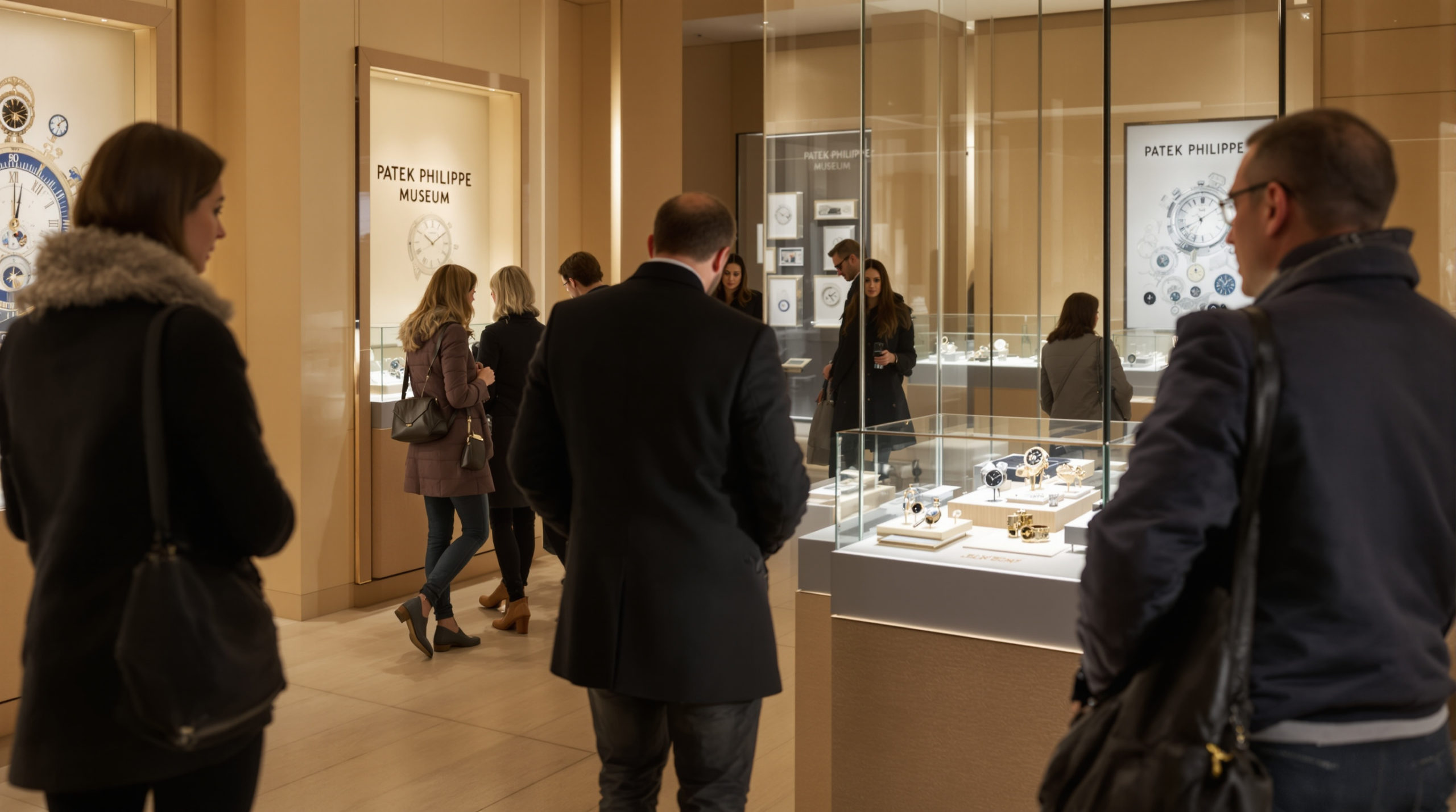 Visitors dressed in stylish casual outfits admire exquisite timepieces at the Patek Philippe Museum in Geneva. The elegant interior features warm neutral tones and soft ambient lighting, highlighting the intricate craftsmanship of the exhibits, creating a calm atmosphere for cultural exploration in international museums Geneva