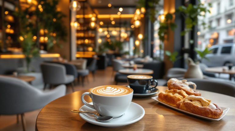 Interior of a specialty coffee cozy cafe in Geneva, featuring natural wood tables and inviting seating. The warm golden lighting enhances the urban chic atmosphere. Stylish coffee cups display intricate latte art next to an assortment of delicious pastries on a stylish terrace, blending sophistication with