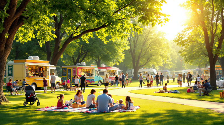 A vibrant park scene bathed in soft sunlight, showcasing smiling families picnicking on grass, colorful food trucks offering budget street food in Geneva, and a stroller-friendly path amidst gentle green trees. Pet owners relax with their dogs, creating an inclusive atmosphere