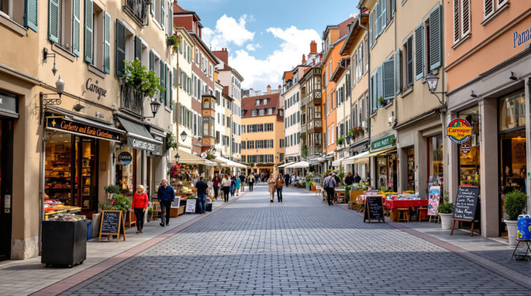 A vibrant urban street view of Carouge in Geneva, showcasing charming local shops with pastel façades and earthy tones. The scene captures artisans at work, highlighting the lively atmosphere and craftsmanship of the carouge crafts community, set against a backdrop of