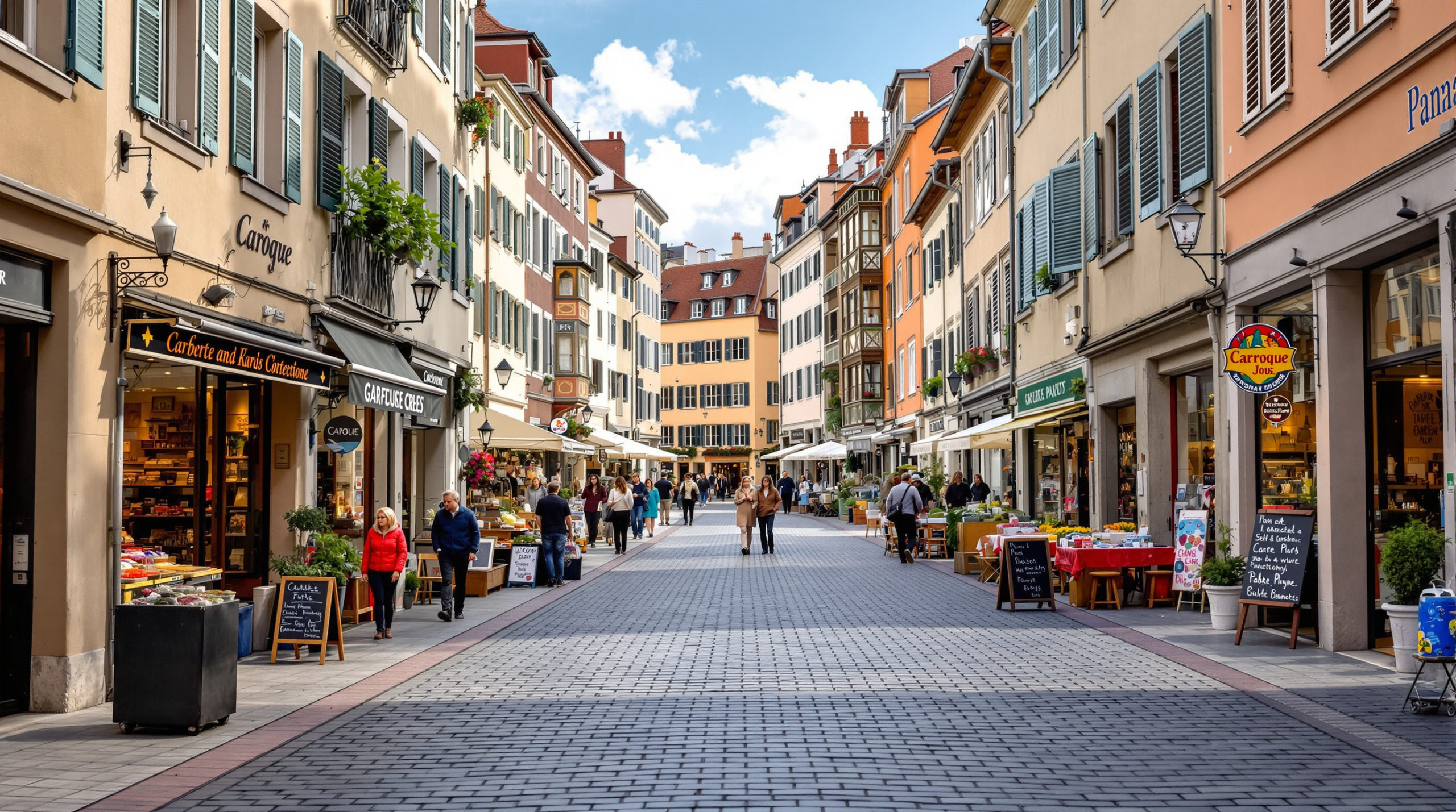 A vibrant urban street view of Carouge in Geneva, showcasing charming local shops with pastel façades and earthy tones. The scene captures artisans at work, highlighting the lively atmosphere and craftsmanship of the carouge crafts community, set against a backdrop of