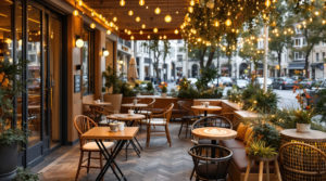 A cozy café terrace seating in Geneva features elegant wooden accents and warm golden lighting. Specialty coffee drinks are presented with intricate latte art, creating a chic urban ambiance that attracts both high-end travelers and locals.