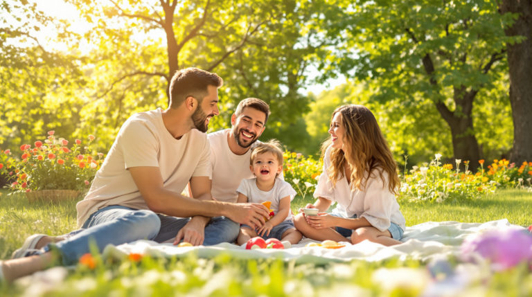 A cheerful family enjoys a sunny afternoon in a picturesque Geneva park, playing together on a blanket surrounded by lush trees and colorful flowers, expressing joy during their weekend picnic.