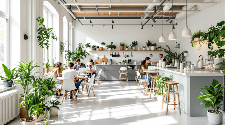 Chic minimalistic coworking space in Geneva with bright light, young professionals on laptops, stylish potted plants, natural wood accents, and a trendy vegan café area serving crafted lattes, showcasing an inviting atmosphere typical of instagrammable cafes Geneva.