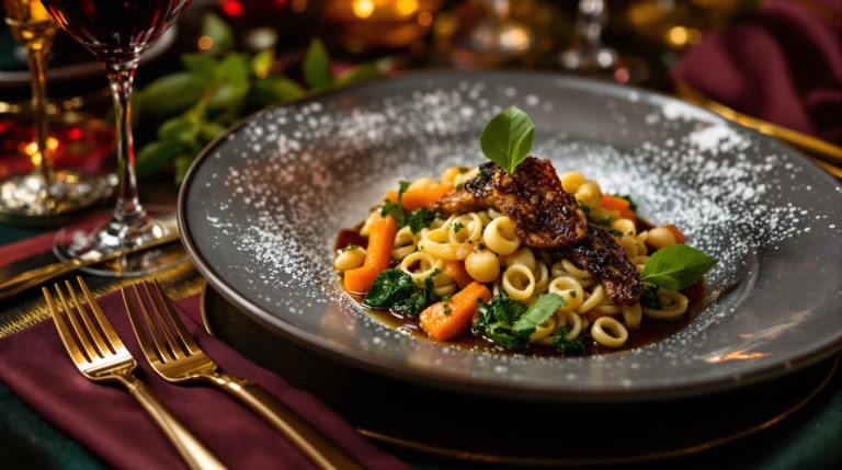 Close-up of an elegantly plated gourmet Italian dish with intricate textures and vibrant colors, set on a luxurious table featuring warm burgundy, gold, and deep green tones. Soft lighting enhances the sophisticated atmosphere of a high-end restaurant in Geneva, inviting viewers to