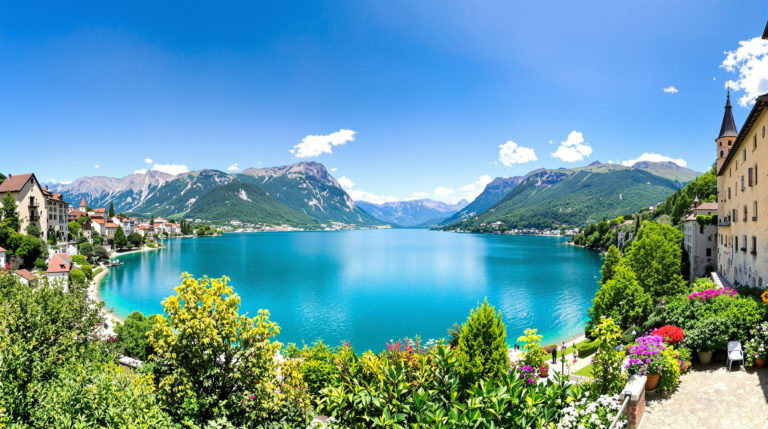 A panoramic view of a serene lakeside walk in Annecy, featuring vibrant blue waters surrounded by lush green mountains. The scene includes charming medieval architecture in Yvoire, showcasing warm stone textures and blooming flowers, all bathed in clear sunlight, creating a
