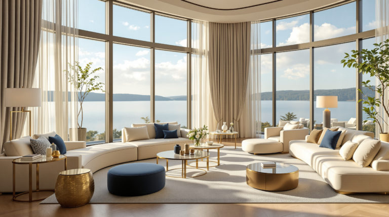 Interior of a luxury hotel in Geneva featuring panoramic lakefront views. The bright, wide space is filled with soft daylight, highlighting cream-colored walls, navy accents, and soft gold details. Elegant furniture and serene spa-like amenities create a tranquil atmosphere, perfect