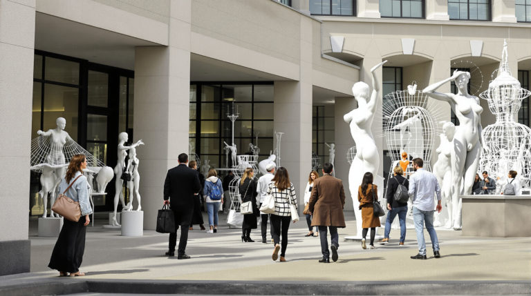 A serene outdoor scene outside the Palais des Nations in Geneva, featuring a group of stylish visitors admiring contemporary sculptures and interactive installations at an art exhibition. The participants, dressed in casual yet sophisticated outfits, embody a calm atmosphere against the building's stunning architecture