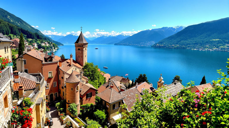 A panoramic view of Lake Geneva featuring serene blue waters and the majestic Alps in the background. In the foreground, a charming medieval village with warm stone buildings and narrow cobblestone streets, adorned with vibrant flower boxes. This peaceful scene evokes a mood of