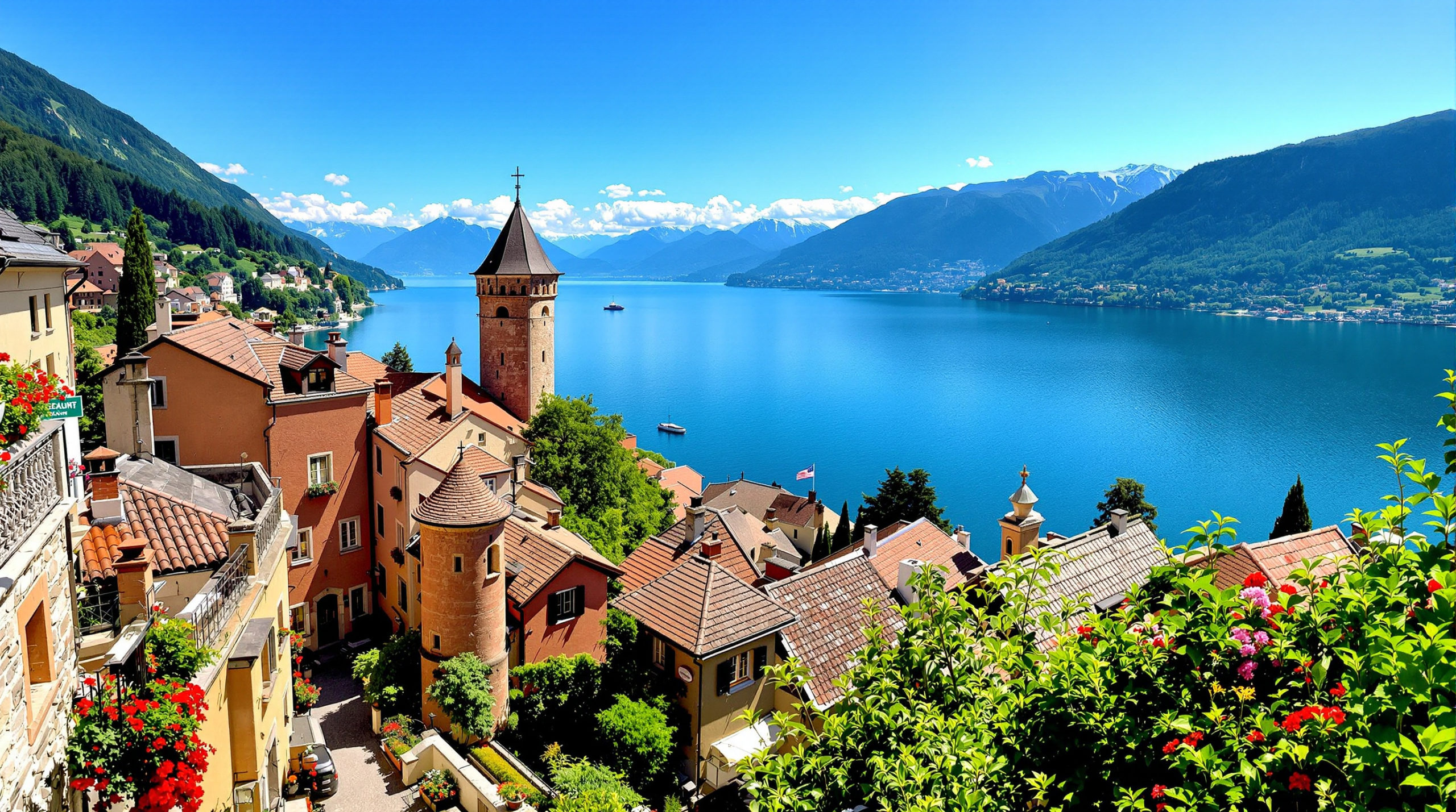 A panoramic view of Lake Geneva featuring serene blue waters and the majestic Alps in the background. In the foreground, a charming medieval village with warm stone buildings and narrow cobblestone streets, adorned with vibrant flower boxes. This peaceful scene evokes a mood of