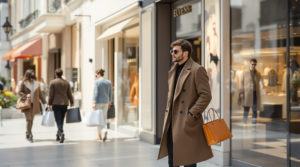 Elegant luxury shopping scene in Geneva with stylish individuals browsing upscale boutiques and carrying designer shopping bags. The background features clean urban architecture in soft pastel colors, highlighted with beige, black, and white accents. The scene embodies modern sophistication and captures essence of swiss designer