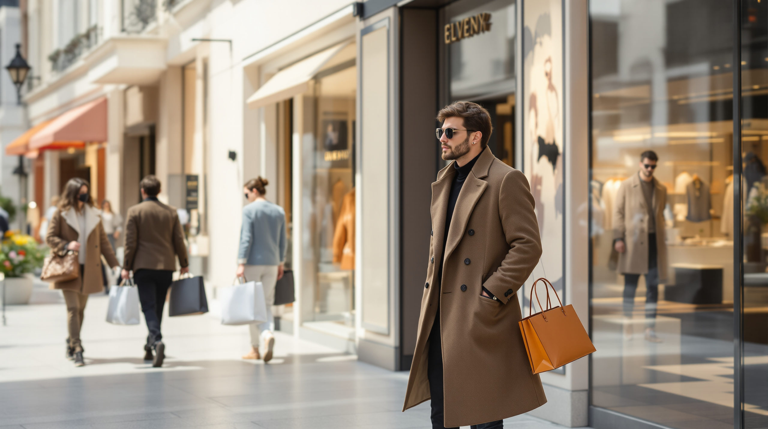 Elegant luxury shopping scene in Geneva with stylish individuals browsing upscale boutiques and carrying designer shopping bags. The background features clean urban architecture in soft pastel colors, highlighted with beige, black, and white accents. The scene embodies modern sophistication and captures essence of swiss designer