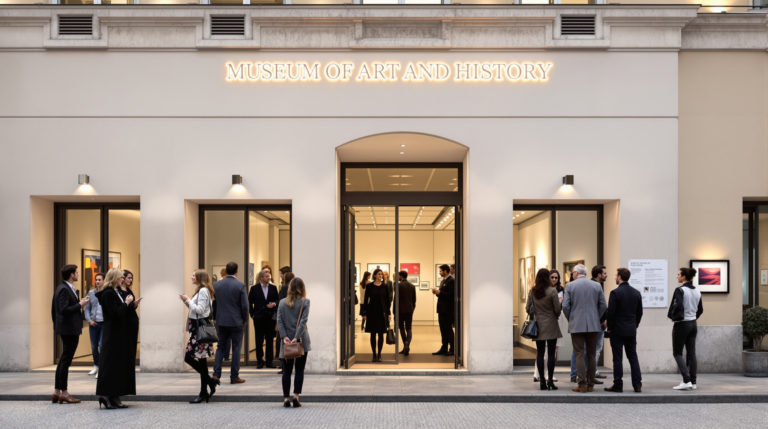 A vibrant scene outside the Museum of Art and History in Geneva during an exhibition opening, featuring stylishly dressed visitors engaged in conversations and admiring the architecture. The atmosphere is calm and inspirational, highlighted by the museum's illuminated signage. This setting reflects the