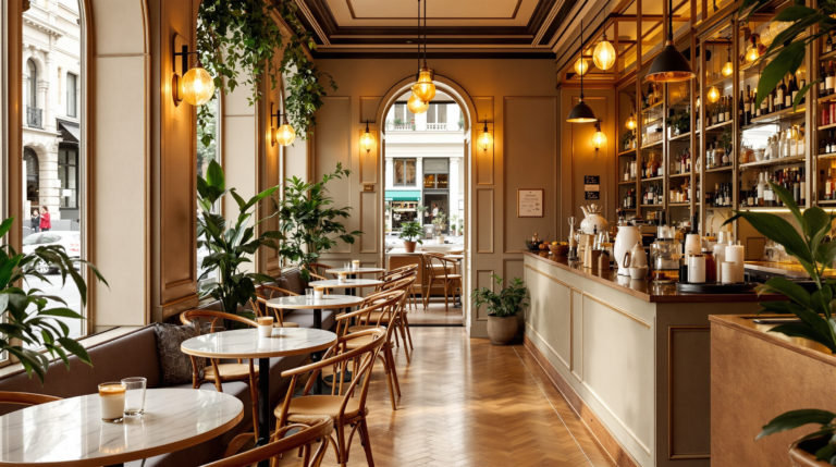A cozy café interior in Geneva with warm lighting, natural wood furnishings, and golden tones. The scene features elegant terrace seating, beautifully presented specialty coffee drinks, and intricate latte art, conveying vintage cozy cafe vibes in an urban chic atmosphere.