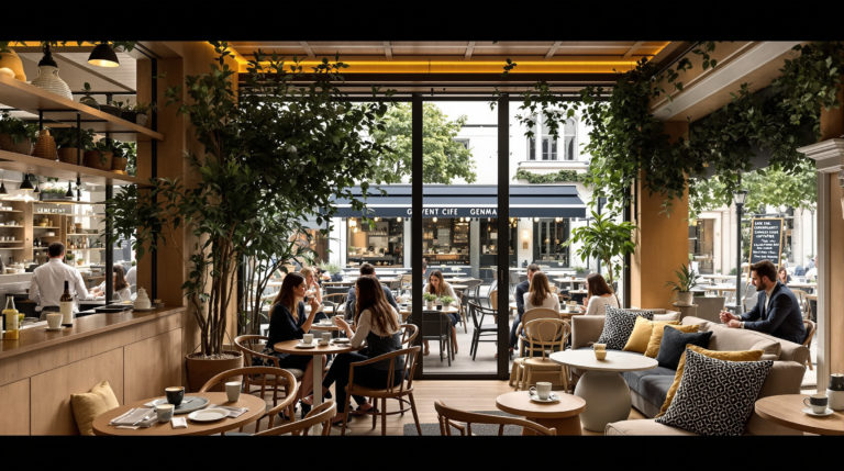 Interior of a cozy Geneva café with natural wood furnishings and soft golden lighting. Patrons enjoy specialty coffee drinks and elegant latte art on the terrace, creating a relaxed urban chic atmosphere. A perfect spot among the best tea rooms for a charming afternoon.