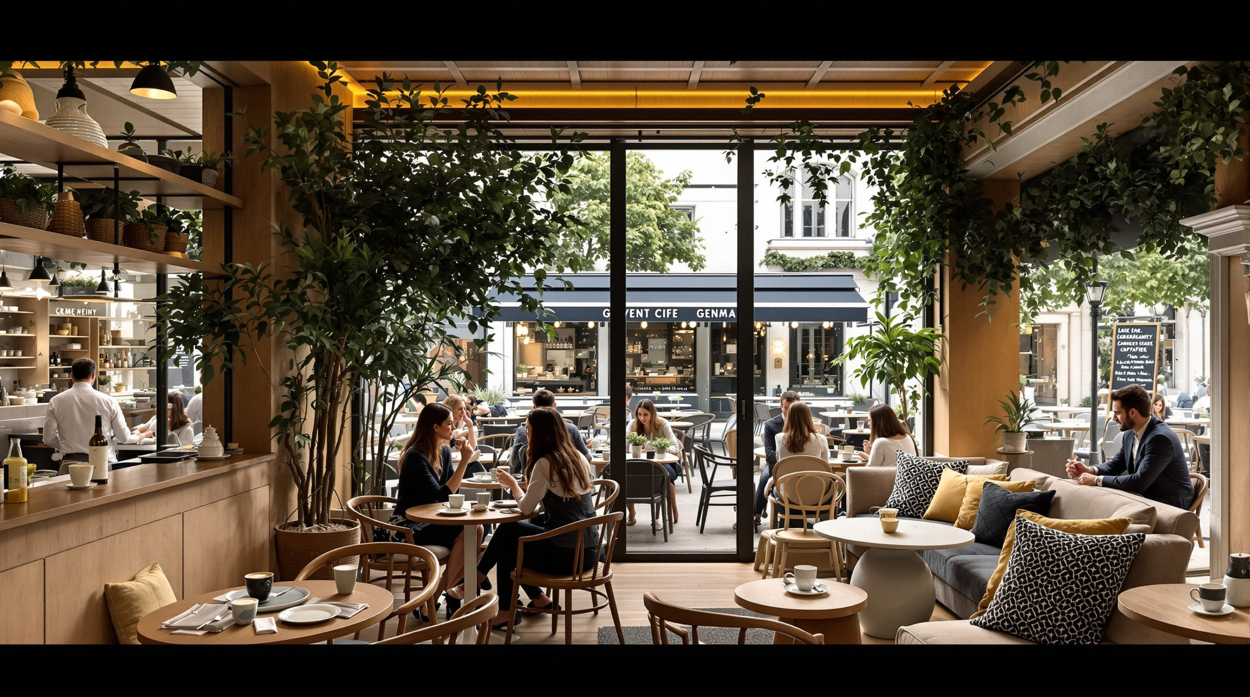 Interior of a cozy Geneva café with natural wood furnishings and soft golden lighting. Patrons enjoy specialty coffee drinks and elegant latte art on the terrace, creating a relaxed urban chic atmosphere. A perfect spot among the best tea rooms for a charming afternoon.