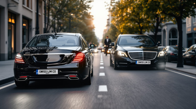 A fleet of sleek black 2024 Mercedes S-Class vehicles with 'SWISS LIM CO' license plates drives through a discreet urban setting in Geneva, showcasing professional chauffeurs in tailored suits. The scene emphasizes luxury and reliability, highlighting the essence of a