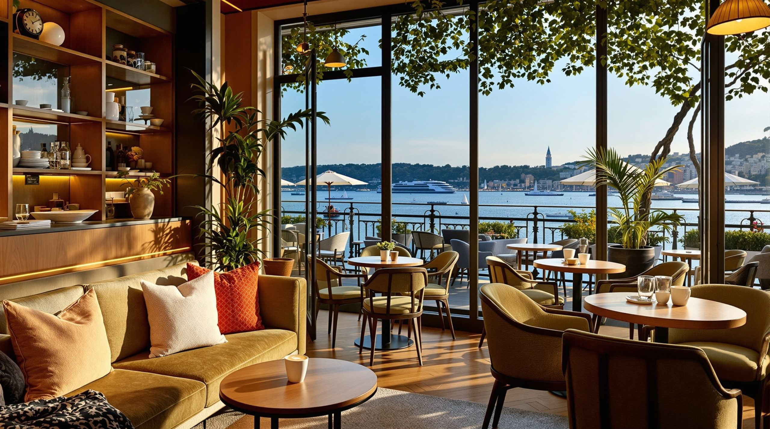 Cozy Geneva café interior with natural wood accents and warm golden lighting, featuring an elegant terrace with views of the Jet d’Eau. Specialty coffee moments are highlighted with beautifully presented drinks and intricate latte art, creating a chic yet comfortable atmosphere for high-end