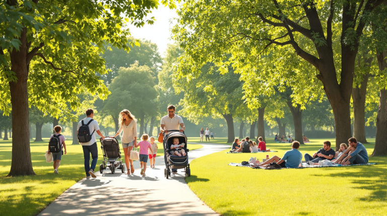 A sunny afternoon in a Geneva park, featuring families with strollers on wide, accessible paths. Children play with pets while friends relax on blankets under green trees. The warm atmosphere highlights the joy of cheap leisure activities in a friendly, inclusive community.
