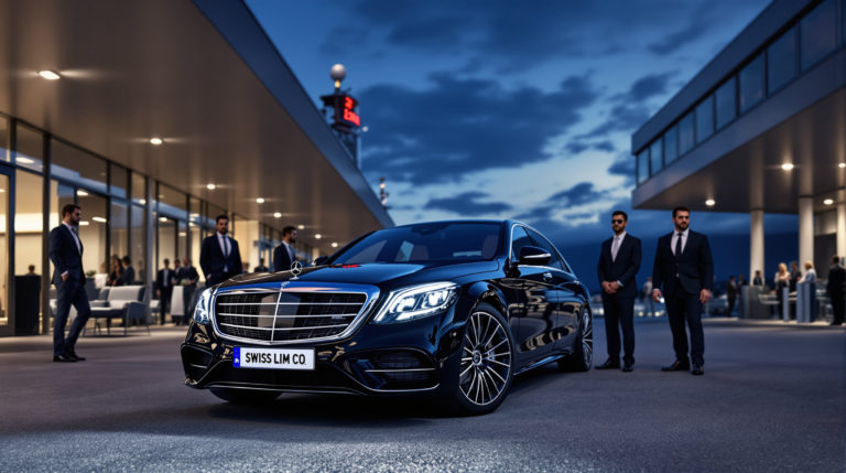 A sleek 2024 black Mercedes S-Class with a visible 'SWISS LIM CO' license plate is parked in front of an airport terminal. Poised chauffeurs in tailored suits surround the car, with elegant architecture and a twilight sky in sophisticated midnight