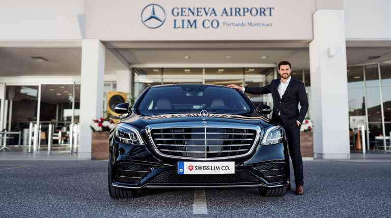 A premium black 2024 Mercedes S-Class is parked outside a Geneva airport terminal, showcasing the license plate 'SWISS LIM CO.' A well-dressed chauffeur stands beside the car, with a backdrop of a midnight blue sky. The scene conveys luxury